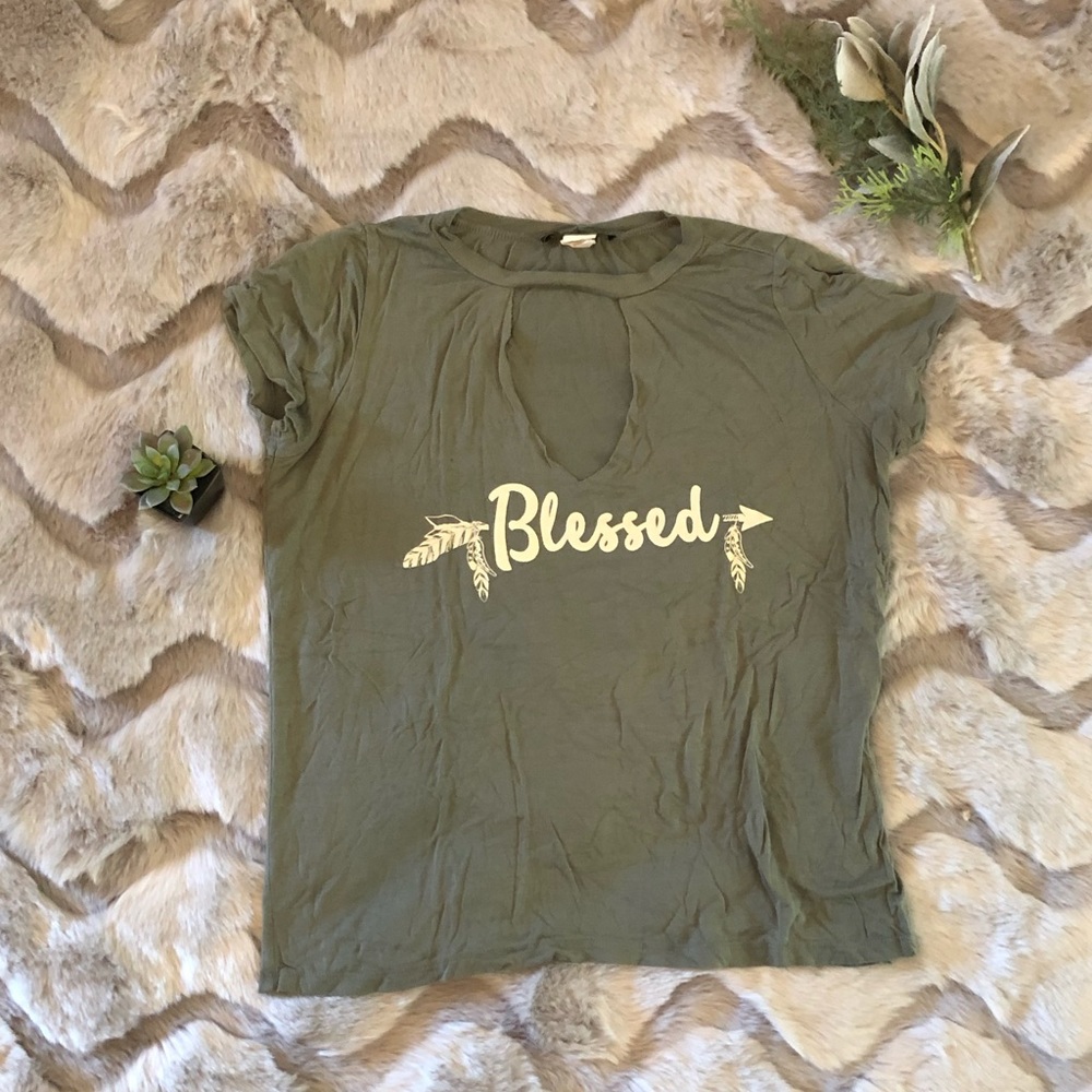 🔴 Army Green T-shirt w/ “Blessed” & Keyhole Neck